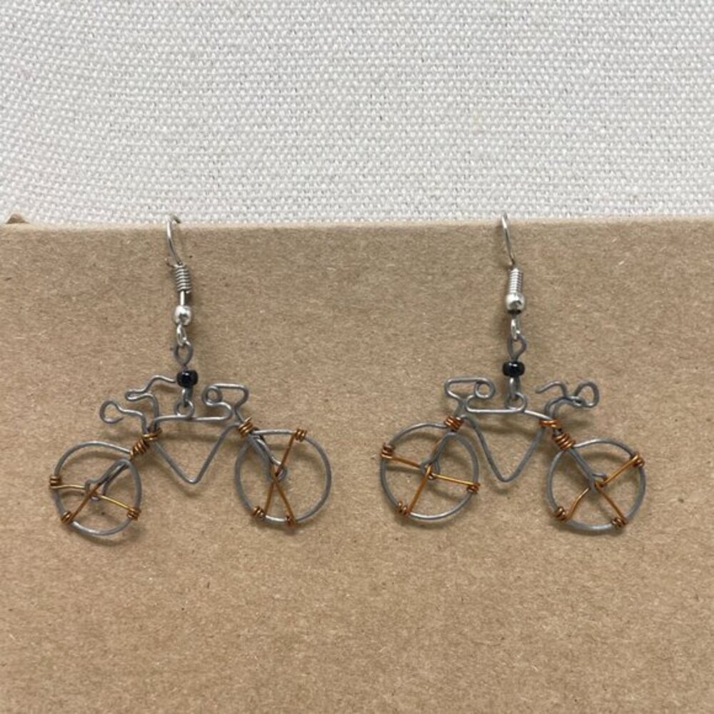 Wire Bicycle Earrings Novelty‎ Dangle Drop Handmade Whimsy Silver-Tone